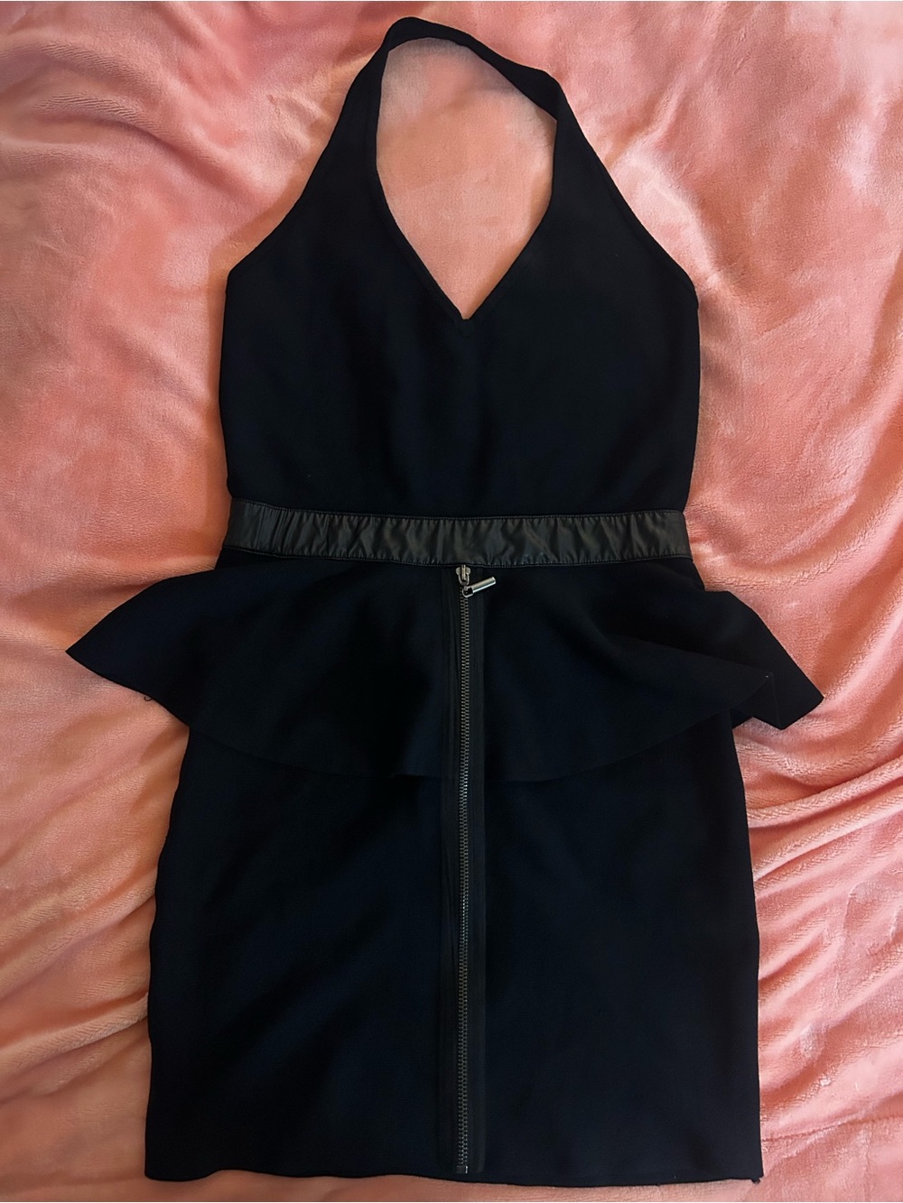 bebe Black Backless Halter Peplum Dress